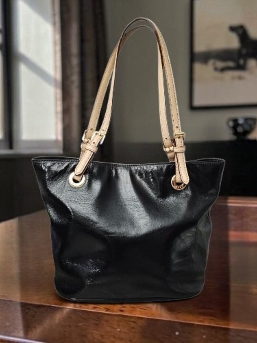 Michael Michael Kors Patent Leather Tote Buckle Shoulder Bag COA Black Tan